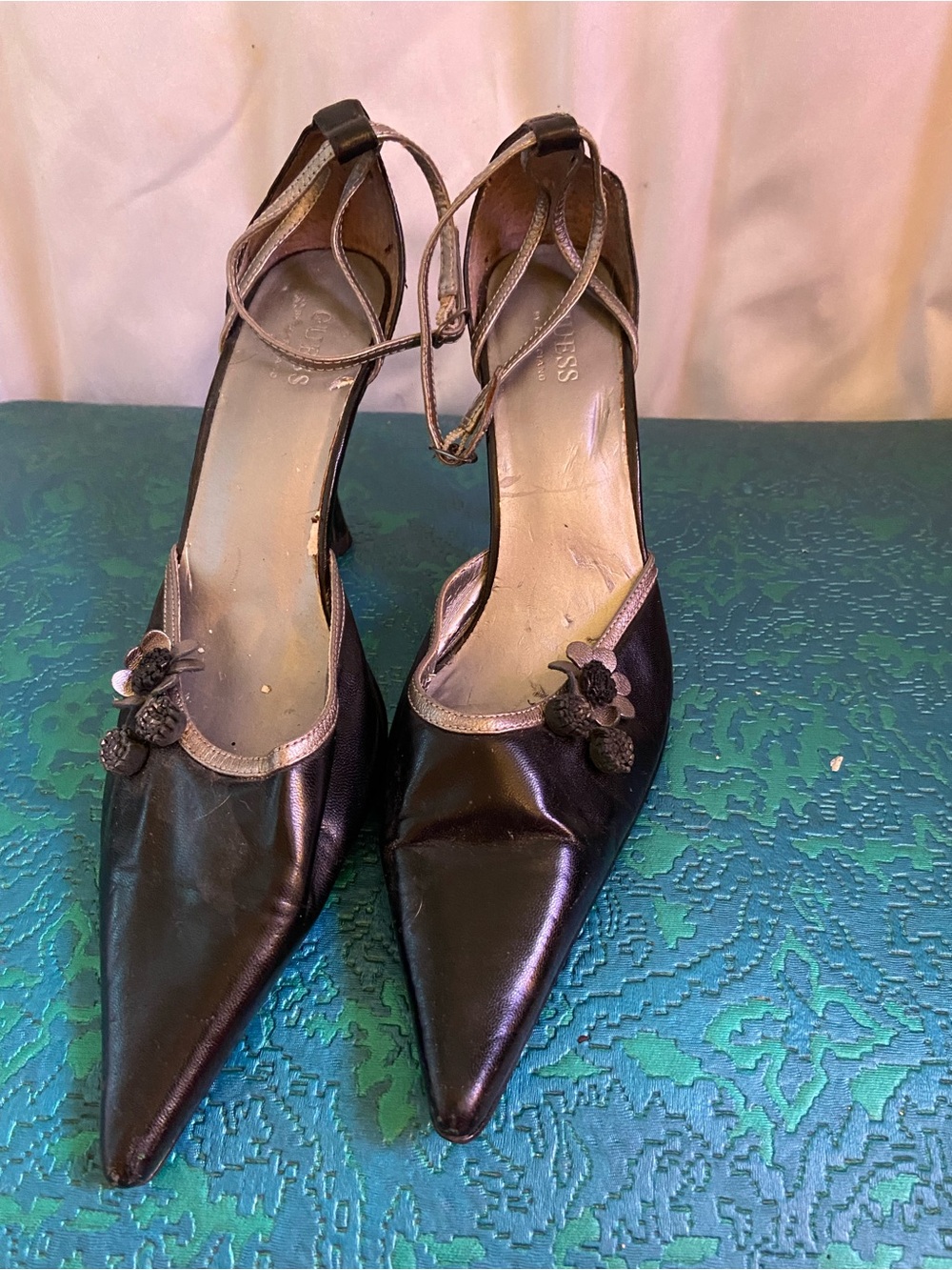 Guess Black Pointed Toe Heels with Ankle Straps